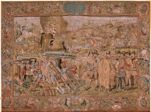 flamsk gobelin. Serie triumfer og slag af ærkehertug Albert. Indtagelsen af byen Hulst (Toma de la Plaza de Hulst). Syvende gobelin i serien. Model Otto van Veen og Hans I Snellinck. Fremstilling Martin Reynbouts, Bruxelles af Otto van Veen