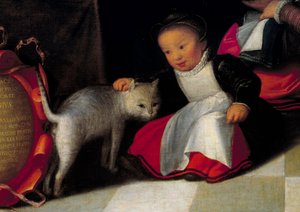 Kunstneren og hans familie Detalje, der repræsenterer katten og barnet. Maleri af Octavius Van Veen (1556-1629)