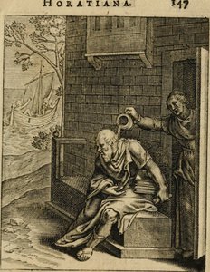 Xanthippe tømmer en kammergryde over Sokrates. Fra Emblemata Horatiana, 1607