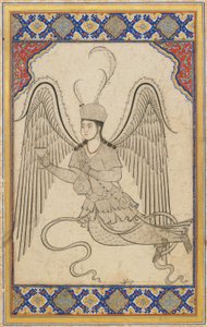 Engel, flyvende, med kop og vinflaske (blæk, farvevask og guld på papir) af Ottoman School