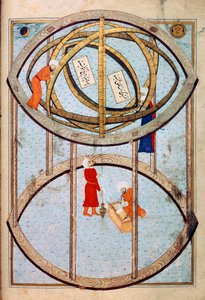 Astronomer manipulerer en enorm armillarkugle og værktøjer til at måle længde- og breddegrad Miniature fra manuskriptet ms. FY 1404 "" Sehinsahname"" (eller Shahinshah-nama eller Shahinshah-nameh, Shahinshah nama eller Shahinshah nameh) "Historien om konge af Ottoman School