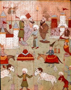 Festligheder organiseret i anledning af omskæringen af sønnen af den osmanniske sultan Murad II (Murat) (1404-1451), forberedelse af fyrværkeri Miniature fra det 16. århundrede Istanbul, Topkapi Sarayi Museum Library af Ottoman School