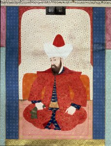 Det Osmanniske Rige: "" Portræt af Sultanen fra det Osmanniske Rige Orhan (Orkhan eller Urchan) I (1281-1360)"" Miniature fra "" Zubdat al Tawarikh"" (Ms. 1973, fol. 59b) af Seyyyd Lokman Ashuri 1583 Istanbul, tyrkisk-islamisk kunstmuseum af Ottoman School