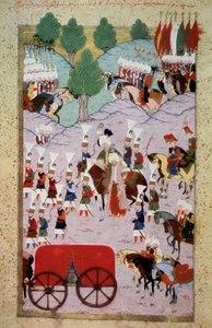 Det Osmanniske Rige: repræsentation af Sultan Soliman (Suleyman) Jeg sagde den storslåede (1520-1566) og hans hær. Miniature fra "Hunername" af Lokman, bd. 1 (H 1523, f.7) 1584 Topkapi Sarayi Museum Library Istanbul af Ottoman School