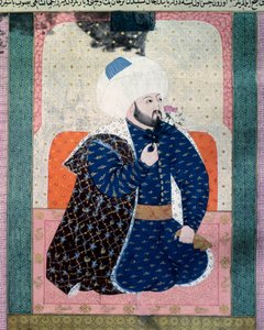 Portræt af sultanen fra Det Osmanniske Rige Mehet II (Mehmet II Erobreren eller Mehmed II Fatih) (1430-1481) Miniature fra manuskriptet (Ms. 1973, folio 62a) "Zubdatat-al Tawarikh" (Zubdat al-Tawarikh) ( Creme of Stories) af historikeren Seyyid Loqman As af Ottoman School