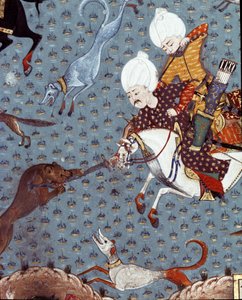 Repræsentation af hofmændene fra Sultan Murad II (Murat) (1404-1451) på jagt efter Fawn Detail. 1600-tals miniature. Istanbul, Topkapi Sarayi Museumsbibliotek af Ottoman School