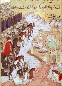 Andet korstog (1147-1149): Korstogene foran byen Aleppo i Syrien. 1500-tals miniature. Topkapi Sarayi Istanbul af Ottoman School
