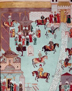 Udsigt over kirken St. Irene (Saint Irene), porten til Serail og sultanernes palads i Konstantinopel Miniature fra det 17. århundrede. Topkapi Sarayi Istanbul af Ottoman School