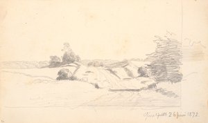 En markvej med lidt buske i forgrunden. I baggrunden et skovbryn af P.C. Skovgaard
