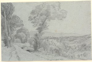 Italiensk bjerglandskab med udsigt mod "Genazzano 9 Juli 1869.". af P.C. Skovgaard