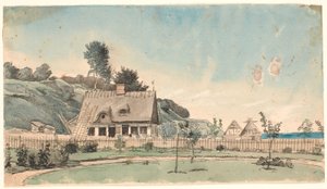 Kystlandskab med stråtækte huse. af P.C. Skovgaard