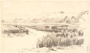 Landskab med en å langs hvis bredde der gror høje siv. Bakker i baggrunden. Formentlig Vejle af P.C. Skovgaard
