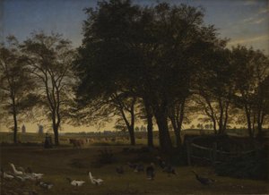 Parti ved Iselingen. I baggrunden Vordingborg Kirke og Gåsetårnet. Septemberaften af P.C. Skovgaard