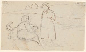 Siddende dreng med hund og stående pige i et landskab. af P.C. Skovgaard