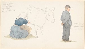 Studieblad med pige, der malker en ko, t.h. stående bonde. af P.C. Skovgaard