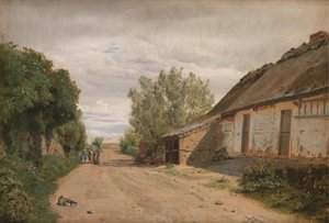 Udkanten af Landsbyen Vejby. Ved Vejkanten maler J.Th. Lundbye Skitsering af P.C. Skovgaard