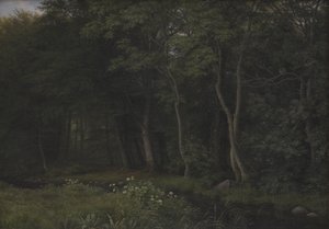Twilight Setting in a Wood nær Iselingen Gods, Sjælland af P.C. Skovgaard