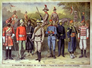 Engelske kolonihære i deres respektive uniformer til fejring af dronning Victorias jubilæum, 21. juni 1883, illustration fra 