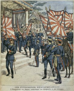 Hans kejserlige majestæt Mutsuhito, kejser af Japan, giver flagene til sine tropper, illustration fra "Le Petit Journal": Supplement illustre", 6. marts 1904