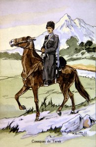 Postkort forestillende en Terek Kosak, ca. 1914 (farve litho) af P. (after) Dmitroff