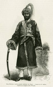 Jang Bahadur (1816-1877), Nepals premierminister. Gravering af P.Sellier for at illustrere historien Voyage au Nepal, af Dr. Gustave Le Bon (1841-1931), i le tour du monde 1886, instrueret af Edouard Charton (1807-1890), Hachette, Paris. af P. (after) Sellier