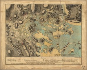 22.000. Håndfarvet. Relief vist ved skravering. Dybder vist ved sonderinger. Dette kort blev kopieret fra en original plan bragt til den engelske domstol ... Viser placeringen af ​​britiske og amerikanske styrker. Indekseret for interessepunkter. Lydninger af P. Beaurain; Croisey