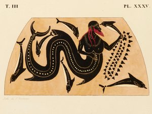 Tryk af dekorationen på en græsk amfora, der viser Poseidon ledsaget af delfiner, ca. 1858 (akvarel og kropsfarve over litho på vævet papir) af P. Bineteau
