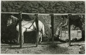 Interiør i et galleri med berlaine. Gravering af Ferat til illustration af historien "Belgien" af Camille Lemonnier (1844-1913), belgisk forfatter. Udgivet i Le Tour du monde, nouveau journal des voyages, 2. semester 1884, redigeret af Edouard Charton (180 af P. Ferat