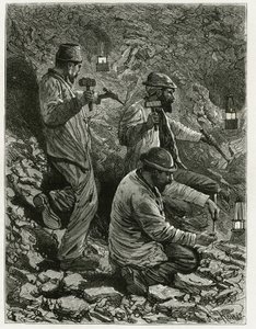 Minearbejdere udvinder kul i venen. Gravering af Ferat, til illustration af historien "" Belgien" ", af Camille Lemonnier (1844-1913) belgisk forfatter. Udgivet i Le Tour du monde, nouveau journal des voyages, 2. semester 1884, redigeret af Edouard Charton af P. Ferat
