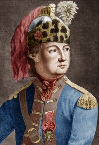 Ridder af Eon (1728-1810), fransk hemmelig agent for kongen, han plejede at gå på tværs og gravere et farvelagt dokument af P. Jean Baptiste Bradel