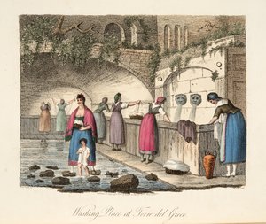 Vaskeplads ved Torre del Greco, fra Italian Scenery, der repræsenterer manerer, skikke og forlystelser i de forskellige stater i Italien, pub. 1806 (håndfarvet gravering) af P. van (after) Lerberghi