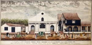 En sydlig udsigt over Wesleyan Mission House, Colombo på øen Ceylon, opført Anno Domini 1816, ca. 1816 (akvarel) af P. van Houten
