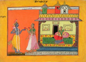 Krishna ankommer til Radhas hus, illustration fra et manuskript af Rasamanjari af Bhanudatta, Basholi-stil, ca. 1660-70