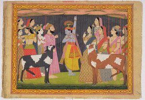 Krishna løfter Govardhana-bjerget, fra Bhagavata purana, Kulu, Himachal Pradesh, 1749