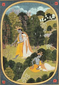 Radha og Krishna går i en lund, Kangra, Himachal Pradesh, 1820-25
