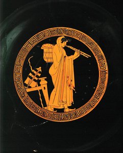 Aulete, en musiker, der spiller aulos, en dobbeltfløjte ... af Painter Brygos