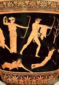 Niobids død, detaljer fra en loft rødfigur Calyx-Krater, c.450 f.Kr. (keramik) (detalje af 19106, se også 92576) af Painter Niobid