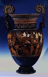 Attic rød-figur volut-krater, dekoreret med en scene med skuespillere og musikere, der forbereder en forestilling før Bacchus og Ariadne, græsk, fra Ruvo, 5. århundrede f.Kr. (keramik) (se også 119445-7) af Painter Pronomos