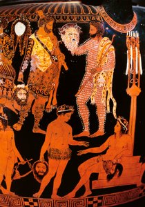 Rød-figur volute krater med en skuespiller, der holder sin maske, fra Ruvo, ca. 410 f.Kr. (keramik) af Painter Pronomos