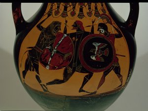 Attisk sort-figur amfora dekoreret med en scene af Herakles klædt i et løveskind, der kæmper mod Cycnus, ca. 540 f.Kr. (keramik) af Painter of Berlin
