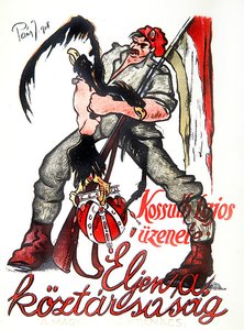 Ungarsk revolutionær, der kvæler den dobbelthovedede østrig-ungarske ørn og proklamerer Kossuths proklamation "Længe leve republikken", plakat af Budapest Kommune af Paizs Goebel Jeno