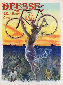 Gammel fransk plakat af en gudinde med en cykel, ca. 1898 (farvelitografi)