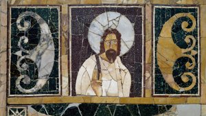 Indlagt marmor, der viser Kristi ansigt, artefakt fra Rom, Italien, tidlig kristen periode af Paleo Christian