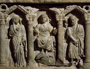 Tidlig kristen sarkofag også kendt som Sarcophagus of Blessed Giles, marmor, Oratory of San Bernardino, Perugia, Umbrien, Detail, Italien, 4. århundrede