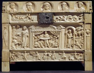 Paleochretian Art: Relikvieskrin (lipsanotheque) af scener fra Det Gamle og Nye Testamente i lavere relieffer. 4. århundrede Fra klostret Santa Giulia, Italien. Brescia, kristent museum af Paleo Christian