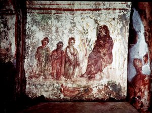 Paleochretiansk kunst (perioden i det gamle Rom): Moses redder fra Nilens vande af Faraos datter. Fresko af katakomben på Via Latina i Rom. 4. århundrede. - Tidlig kristen kunst. Moses reddede op af vandet. Fresco, 4. århundrede e.Kr. Catacom af Paleo Christian