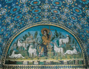 Den gode hyrde, mosaik af rammen over indgangsdøren til Mausoleum of Galla Placidia, c425 (mosaik)