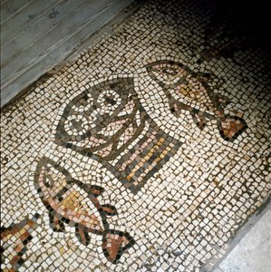 Miraklet af fisk og brød, mosaik 4. eller 5. århundrede af Paleo Christian