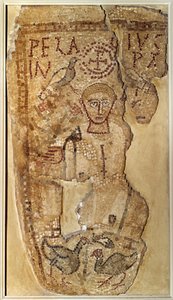Paleochretiansk antikvitet: "" Repræsentation af ascetmunken Pelage (eller Pelagius) (350-420)"" Begravelsesmosaik fra Tunesien. Paris, Louvre-museet