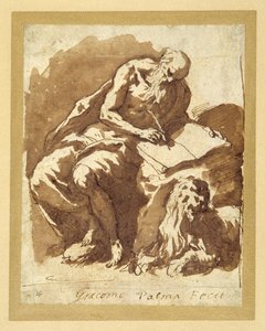 St. Jerome sidder på en sten og skriver (pen og blæk med vask på papir) af Palma Il Giovane